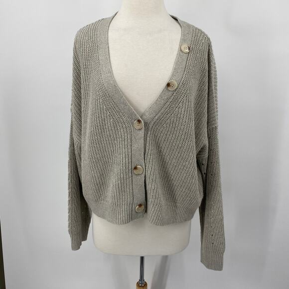 Line & Dot Cardigan Sweater Button Front Rib Knit Pointelle Taupe Womens Large - Picture 2 of 9